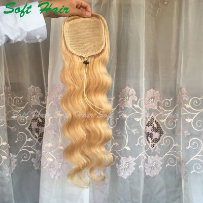 Blonde Long curly Brazilian human hair drawstring ponytail