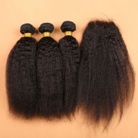 Malaysian kinky straight 100% natural color human virgin hair weave  for bulk buy with closure frontal