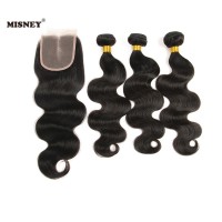 100 Human Hair Extension Body Wave 16 18 20inch 3 bundles with 1pcs Lace Closure Natural Color