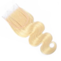 Stock 100% virgin human hair free parting lace toppers 4"x4" body wave transparent Color platinum 613 blonde lace closure